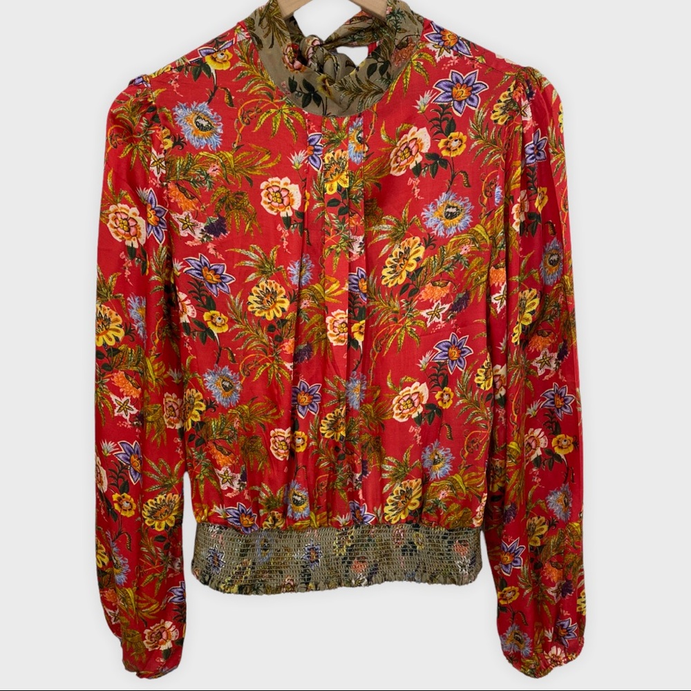 Nikasha Red Floral Toscana Tie Back Peasant Blouse - Picture 3 of 9